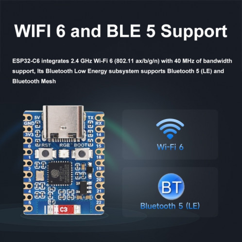 Carte de développement Waveshare ESP32-C6 Mini WiFi 6 et Bluetooth 5 à double processeur, spécifications : zéro SW47011185-09